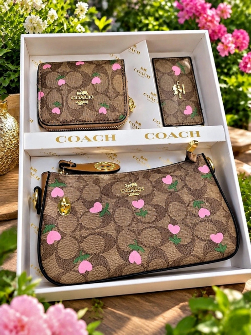 Coach Wristlet And Heart Pouch With Cherry Print And Charm Floral Crossbody Bag